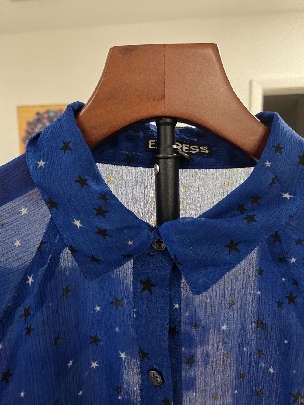 Express Blue Sheer Star Print Blouse Boho Chic Y2K Festival Top M - Picture 4 of 9